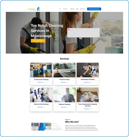 sublime cleaning website landing page overview