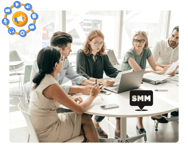 A team of professionals sitting on the chairs and reacting like they discussing social media marketing strategies with the help of some documents and a laptop that is on the table.