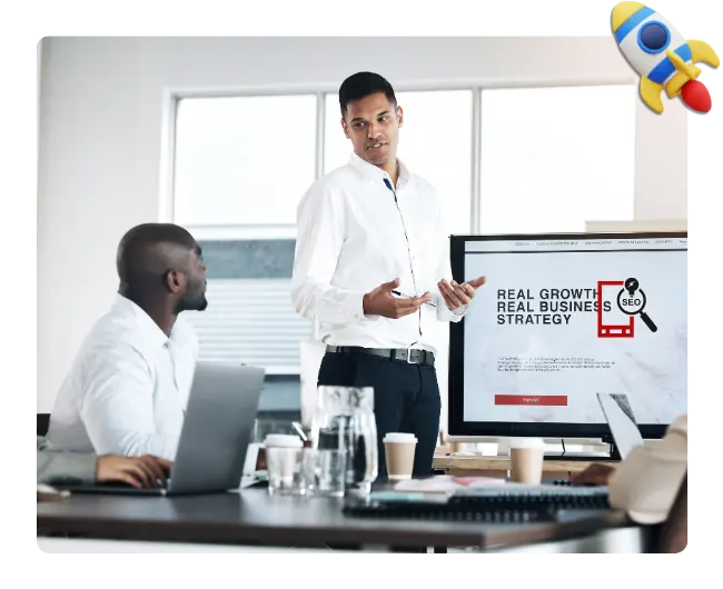 A young man with a white shirt and black pants reacting like he is giving suggestions to their team about SEO strategies.