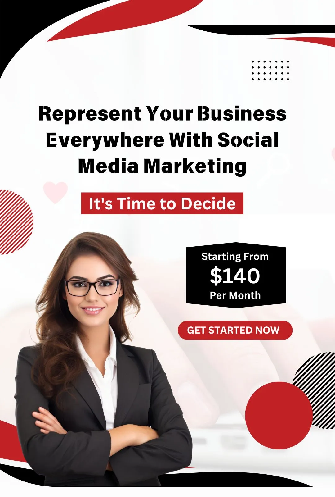 A young woman wears a black blazer, a white shirt, and goggles standing with a smiley face and crossed hands and there is also one tagline that promotes social media marketing services that start from $140 per month.