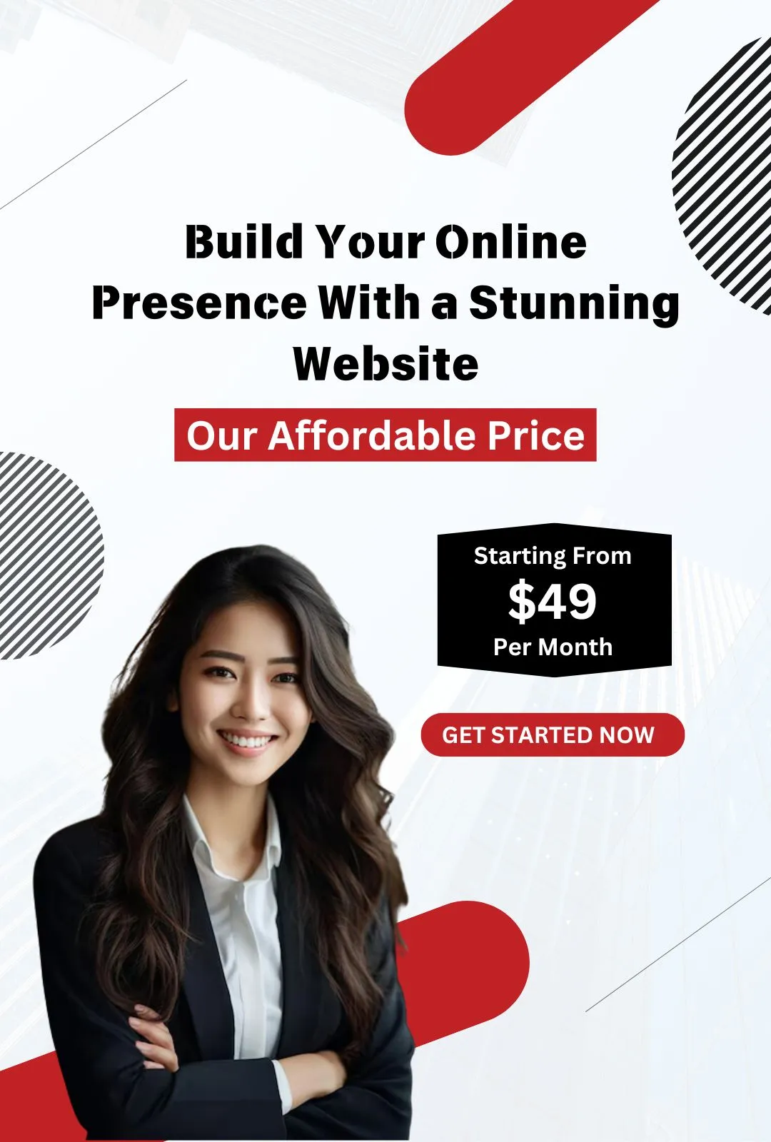 A young woman wears a black blazer, and white shirt standing with a smiley face and crossed hands and there is also one tagline that promotes web design and development services that start from $49 per month.