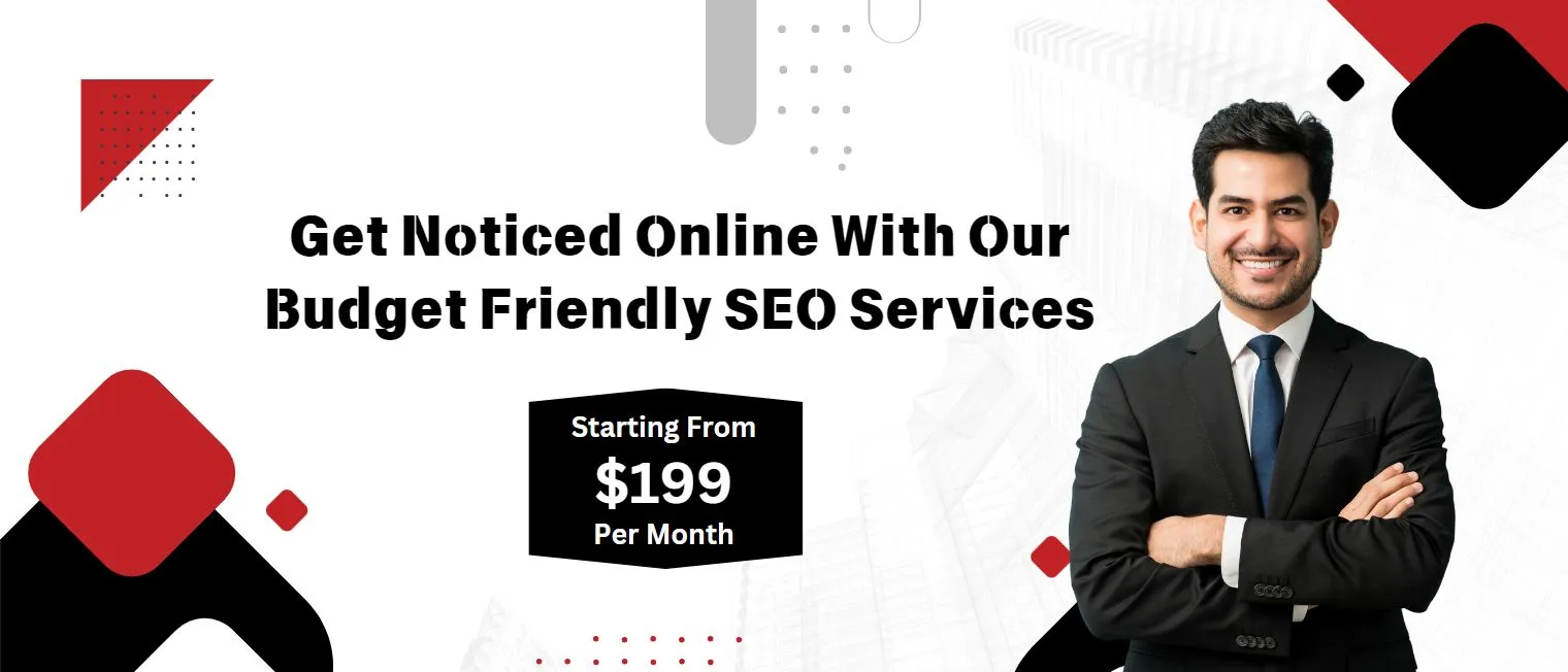 A young man wears a black blazer, a white shirt, and a blue tie standing with a smiley face and crossed hands and there is also one tagline that promotes SEO services that start from $199 per month.