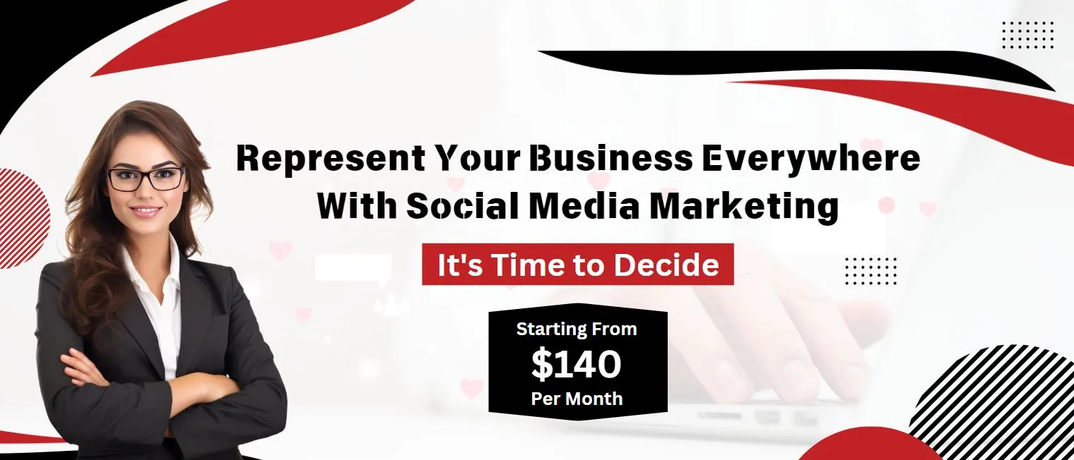 A young woman wears a black blazer, a white shirt, and goggles standing with a smiley face and crossed hands and there is also one tagline that promotes social media marketing services that start from $140 per month.