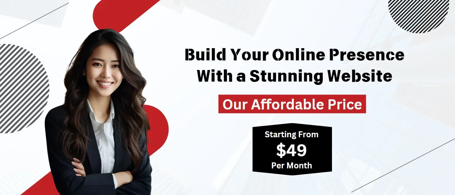 A young woman wears a black blazer, and white shirt standing with a smiley face and crossed hands and there is also one tagline that promotes web design and development services that start from $49 per month.